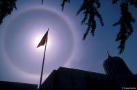 A sun halo forms around the state capitol building in Salem, Oregon.