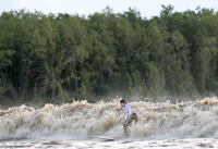 Surfing a Pororoca tidal bore wave in the hinterlands of the Amazon jungle.
