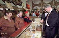 Making a purchase at a bread shop near Red Square in Moscow.