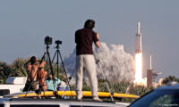 SpaceX Falcon Heavy rocket launches from Pad 39B at the Kennedy Space Center.