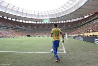 Neymar Jr. prepares for a corner kick at the Mané Garrincha in Brasília.