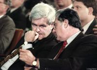 Speaker of the House Gingrich confers with House Majority Leader Armey on Capitol Hill.
