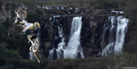 X-Fighters jump at the Corumbá waterfalls in Brazil.