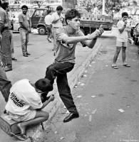 Protester gets shoes shined during bank workers strike in Brazil.