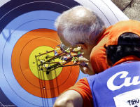 Archery judge takes a close look during the Central American and Caribbean Games.